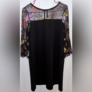 AGB Sz.10 Black Long Sheer Sleeve Dress with Floral Embroidery & Flare sleeves